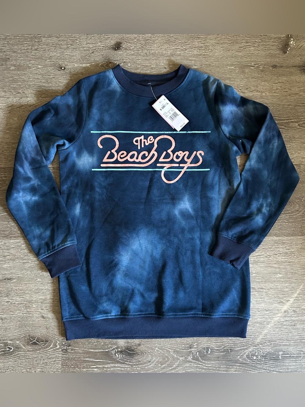 NWT XS Beach Boys Blue Tie Dye Crew Neck Sweater Pullover Sweatshirt